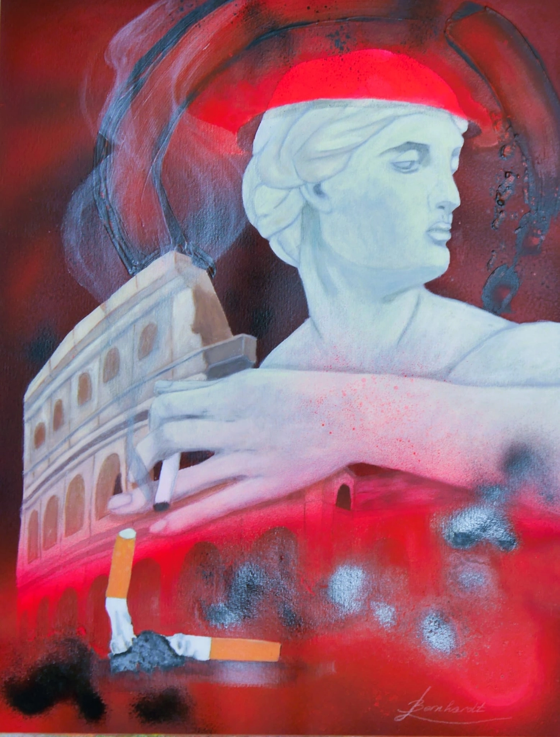 BernhardtArt - Kunstwerk - Ein surreales Gemälde mit einer klassischen weißen Statue mit rotem Hut, einem Gebäude, das dem Kolosseum ähnelt, und mehreren Zigarettenkippen in einer roten, verrauchten Umgebung.