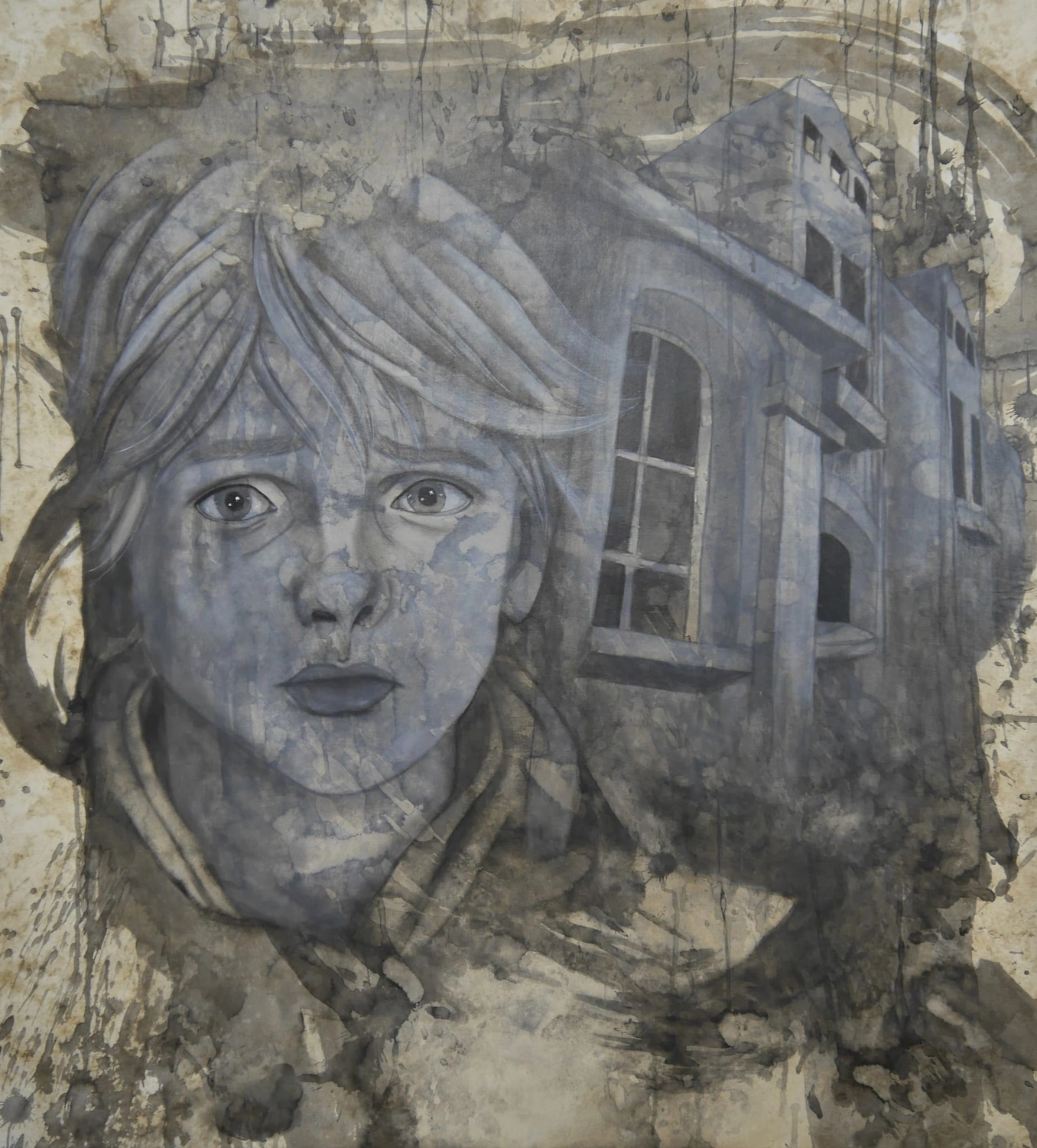 BernhardtArt - Kunstwerk - Ein Graustufenporträt eines Kindes mit einem Haus.